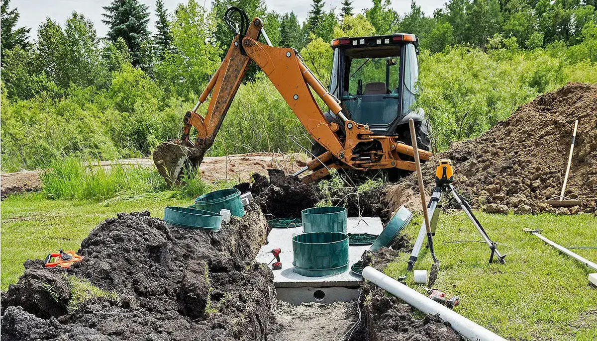 Backhoe setting a concrete septic tank during a replacement